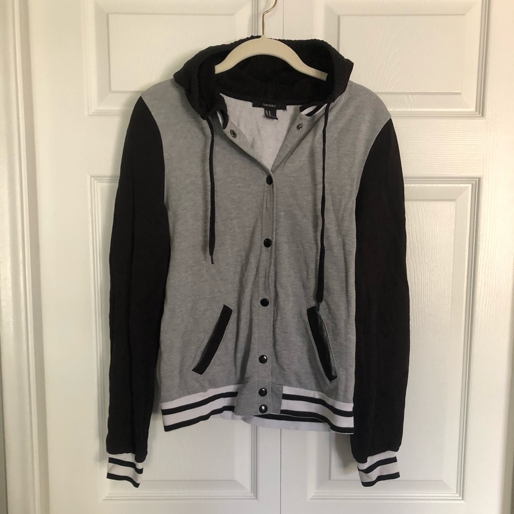 F21 Varsity Style Button Up Sweat Jacket